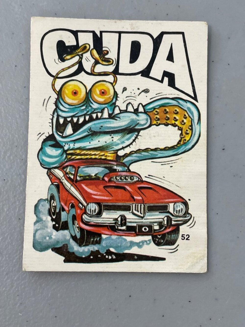 Cuda Vintage Collectible Sticker Card Blue Monster & Red Muscle Car Art 52